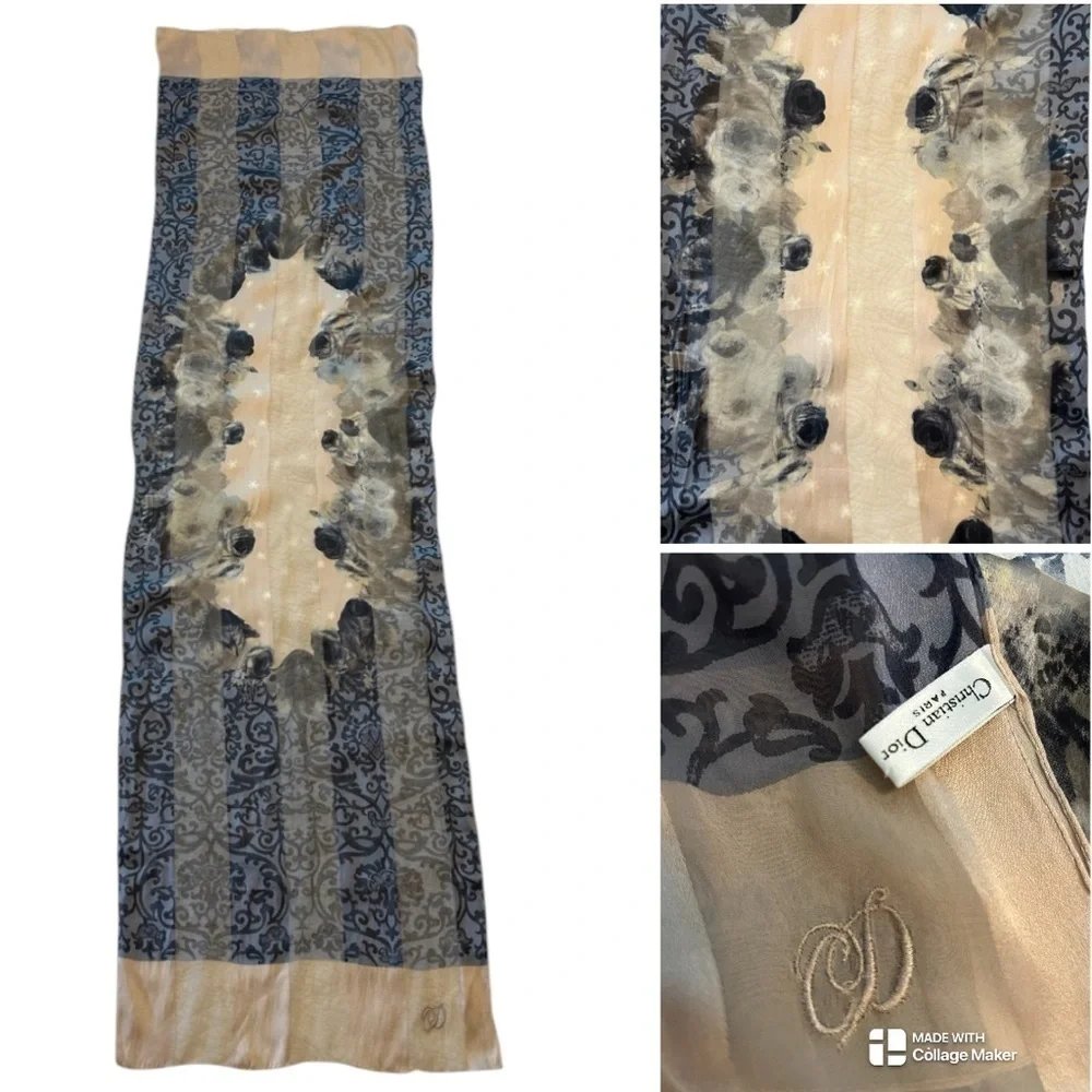 Christian Dior John Galliano silk Women's Floral Scarf - Blue, gray, Cream 60”